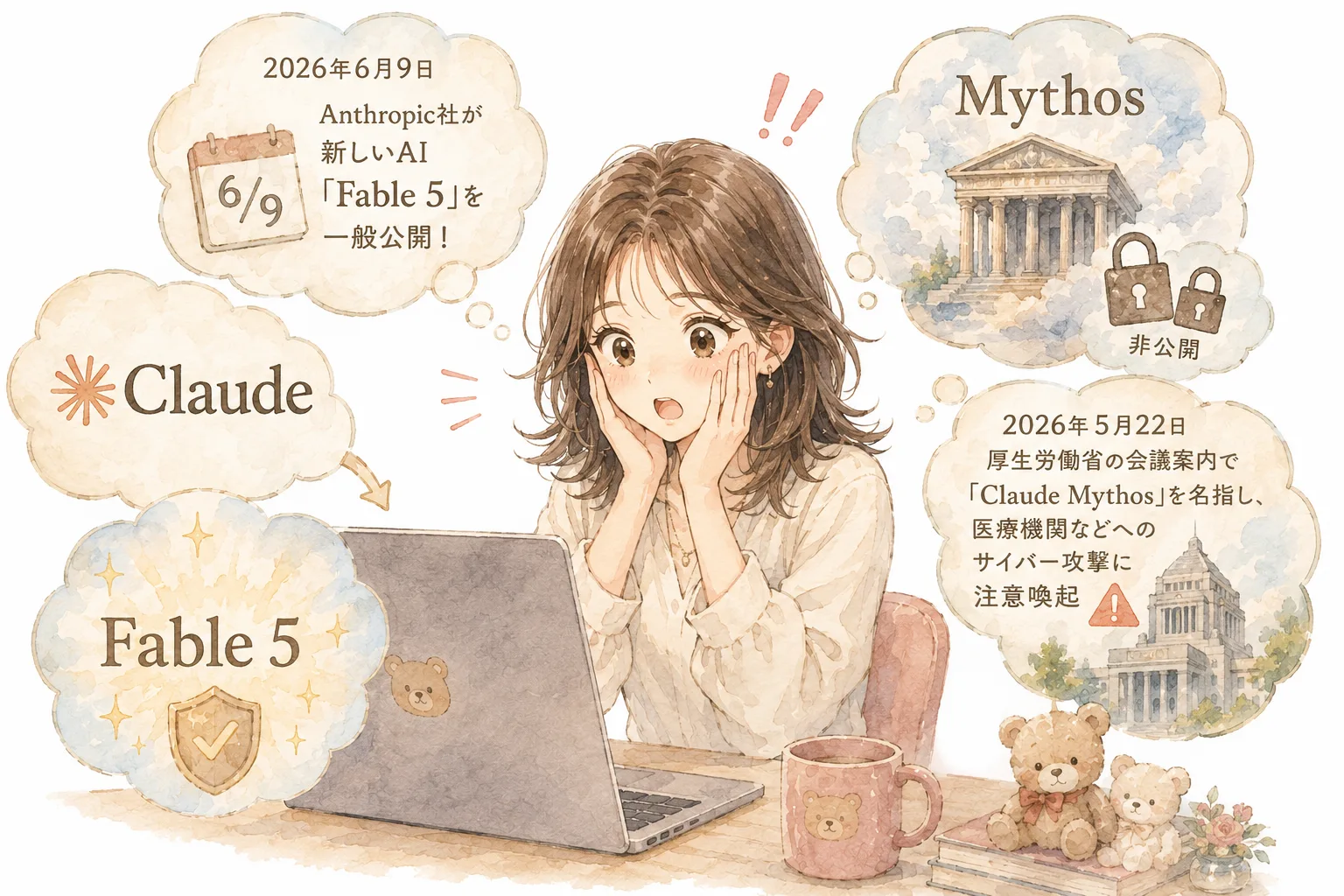 ニュースを見て驚く主婦のイラスト