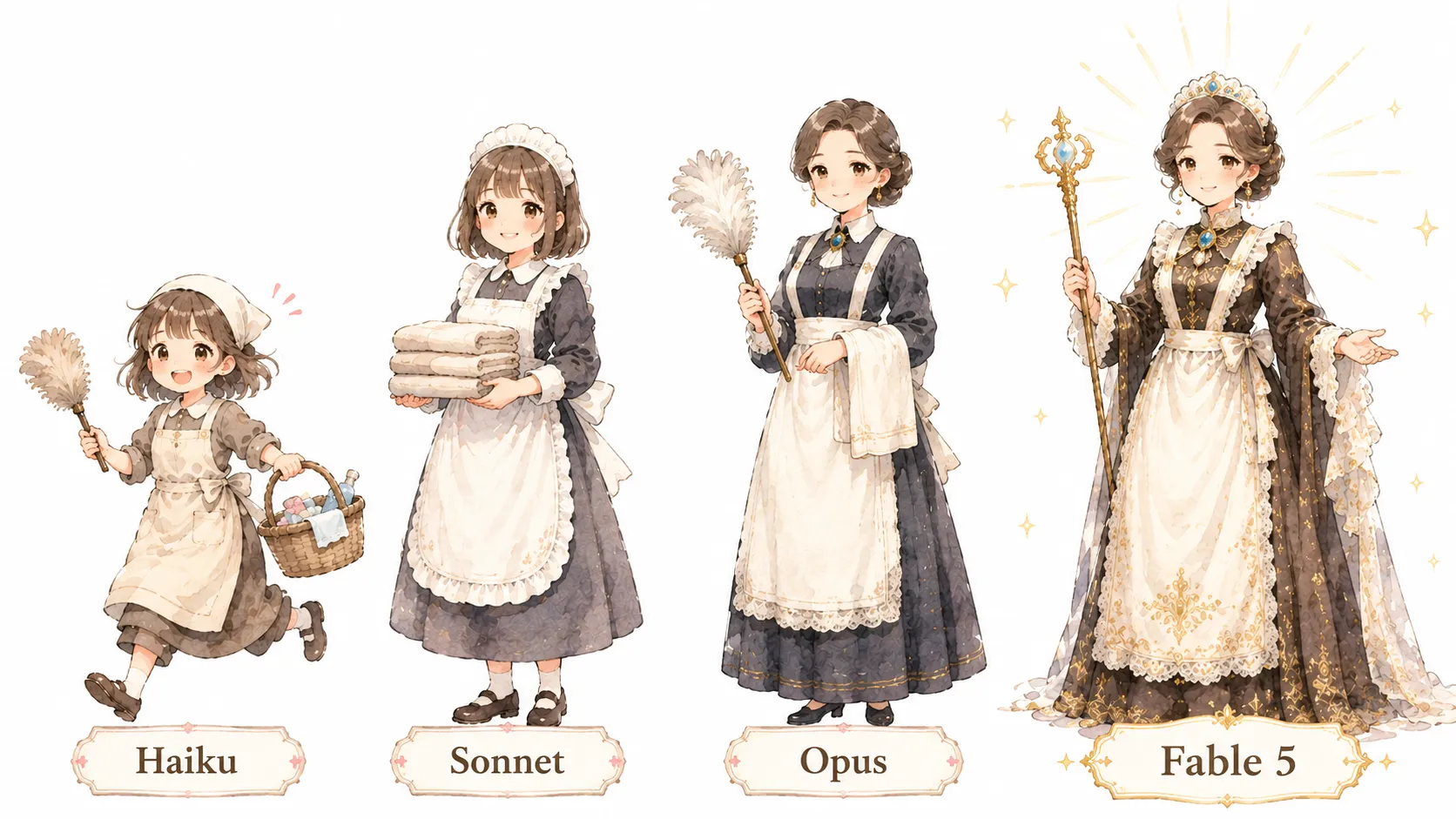 お手伝いさんのグレードを水彩風に並べた比較イラスト