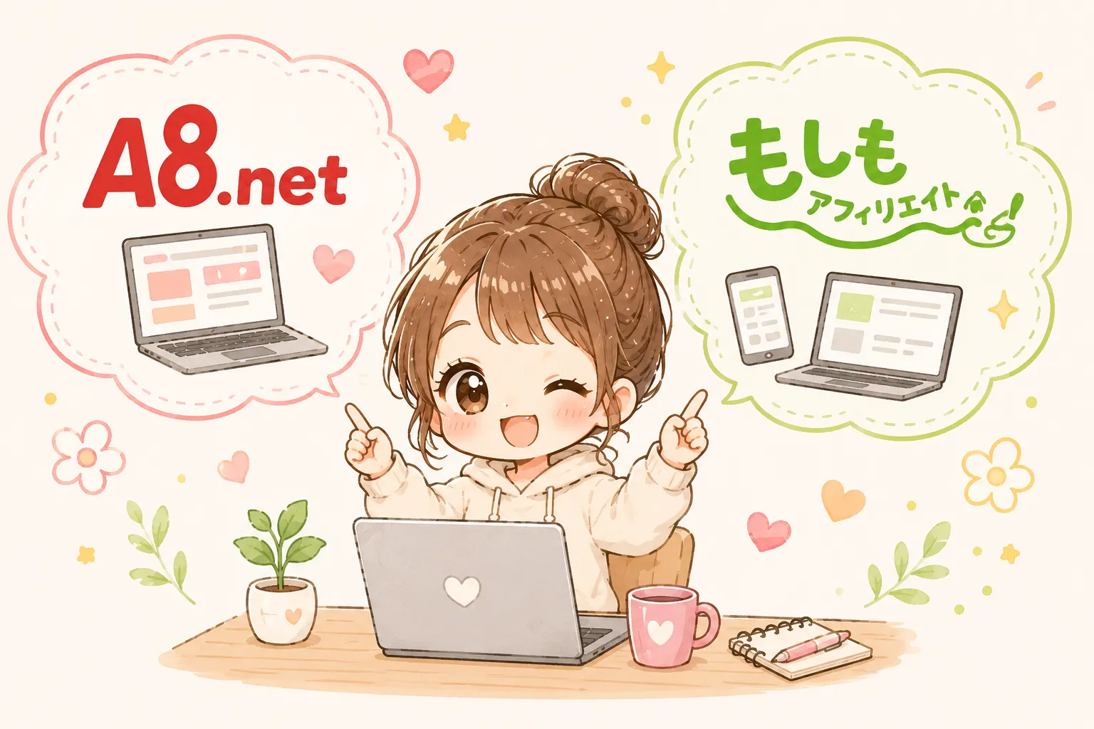 私が使っているASPはA8.netともしもアフィリエイトの2つを紹介するイラスト