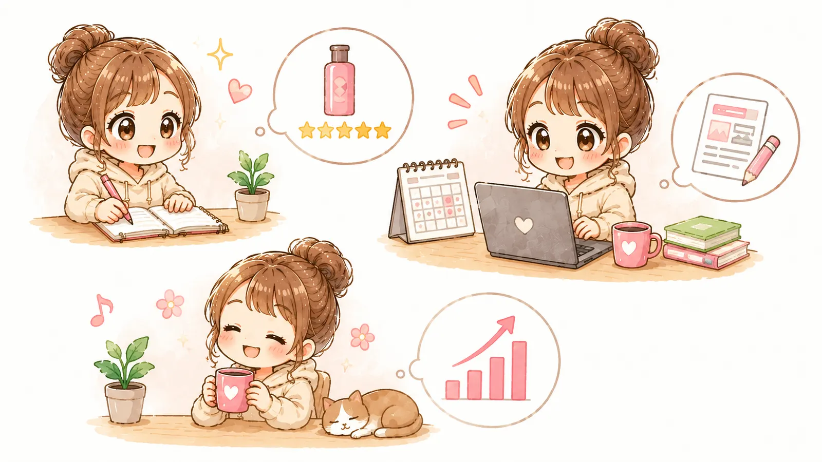 アフィリエイトに向いている人の特徴を3つのシーンで表したイラスト