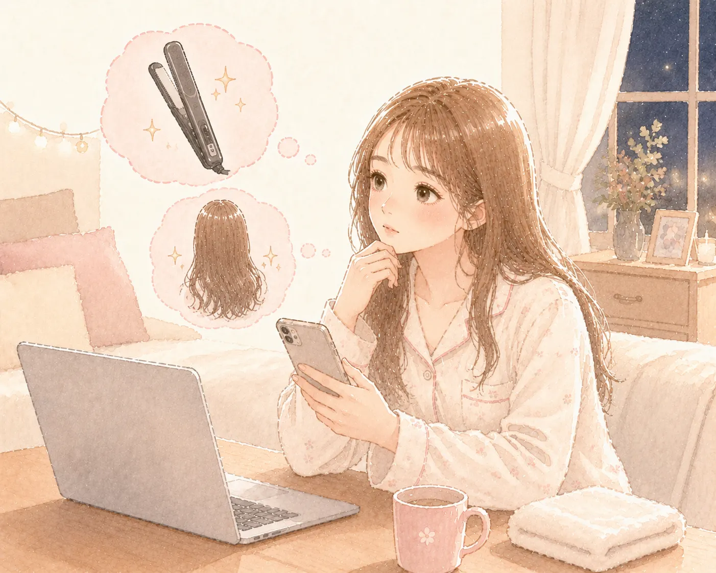 夜にスマホでヘアアイロンを調べる主婦のイラスト