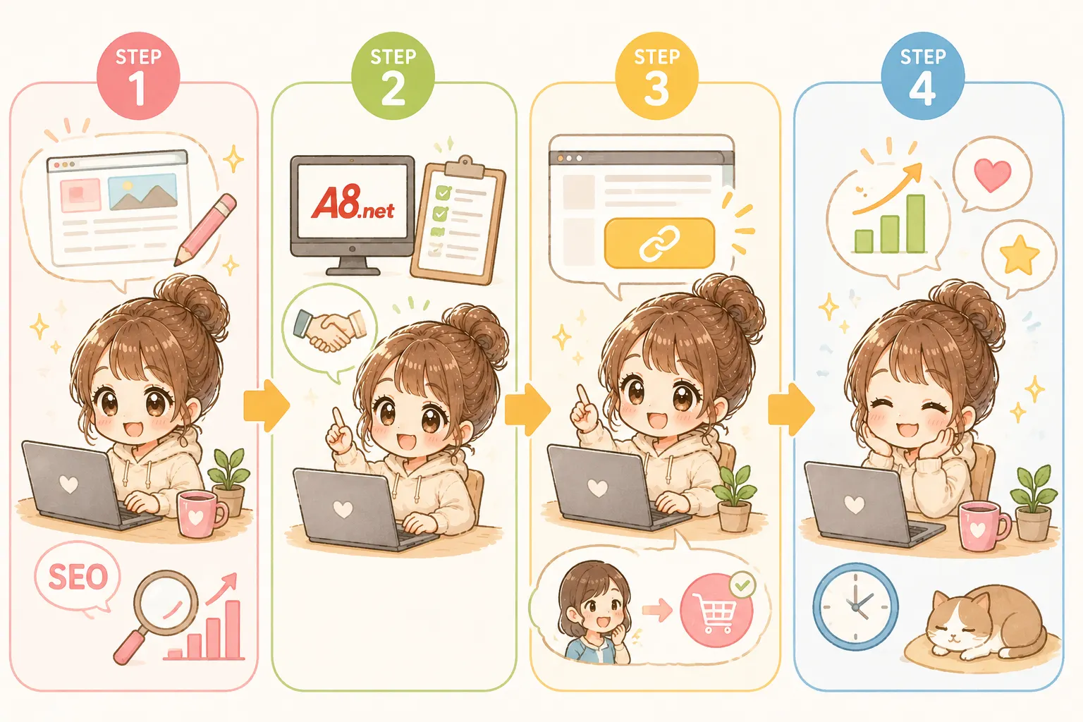 アフィリエイトで稼ぐまでの4ステップを説明するイラスト