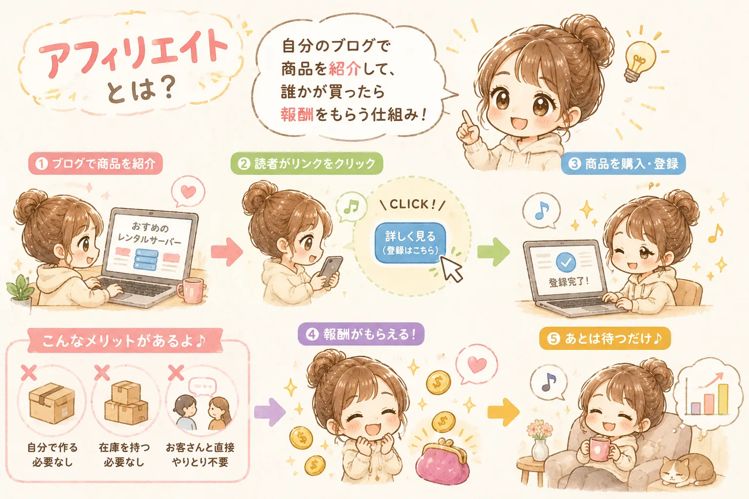 アフィリエイトの仕組みを説明するイラスト