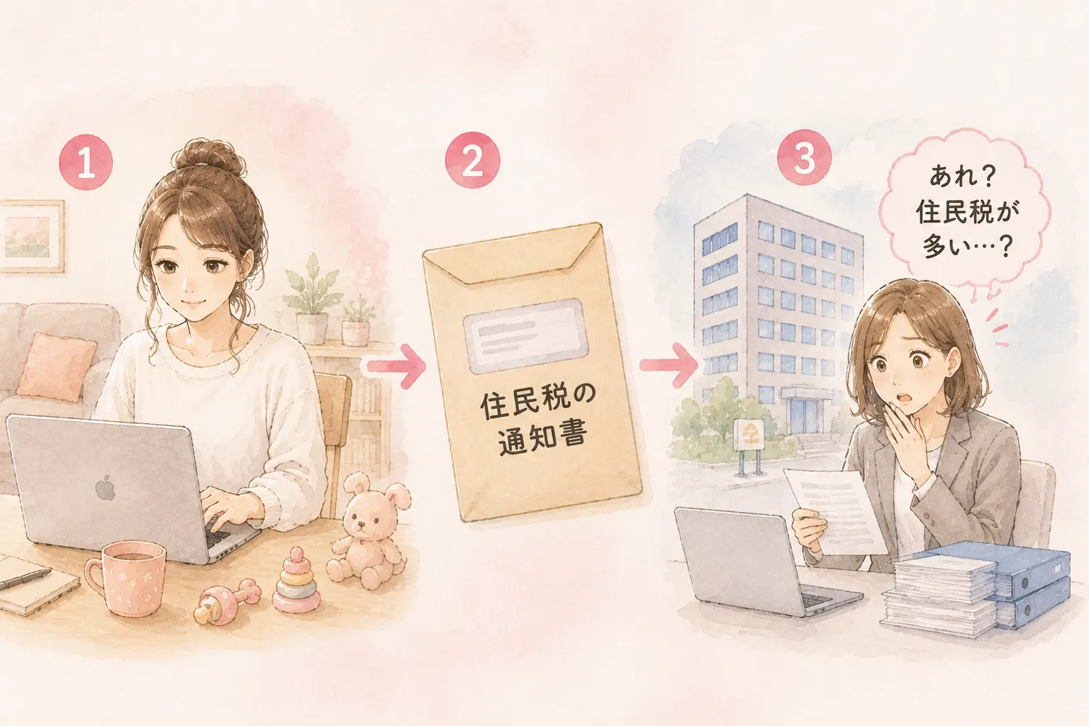 副業の住民税通知が会社に届いて経理が気づく流れを表した図解イラスト