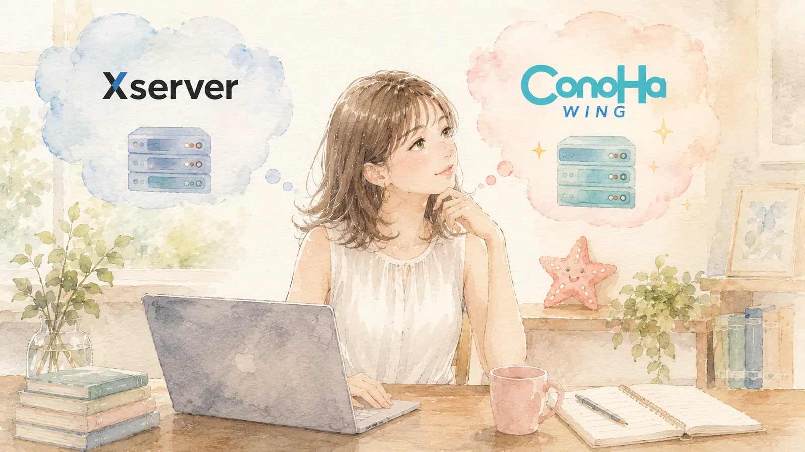 XサーバーとConoHa WINGどちらにするか悩む主婦のイラスト