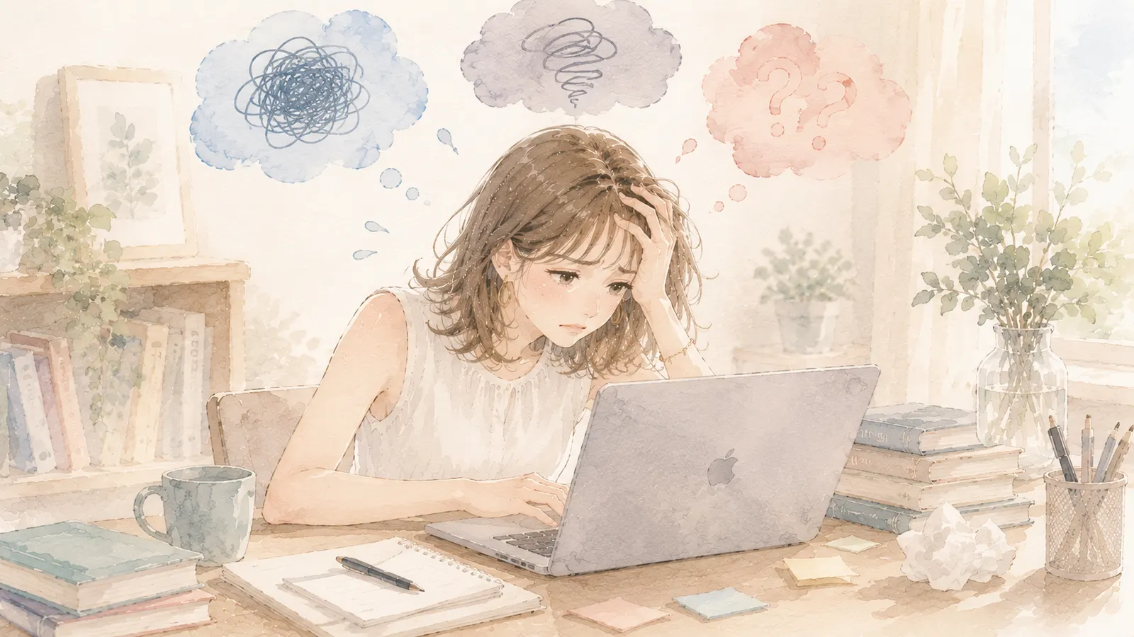 WordPressのカスタマイズに苦労する主婦のイラスト