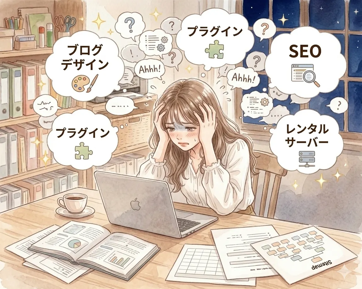 WordPressのプラグイン・デザイン・SEOに頭を抱える主婦のイラスト
