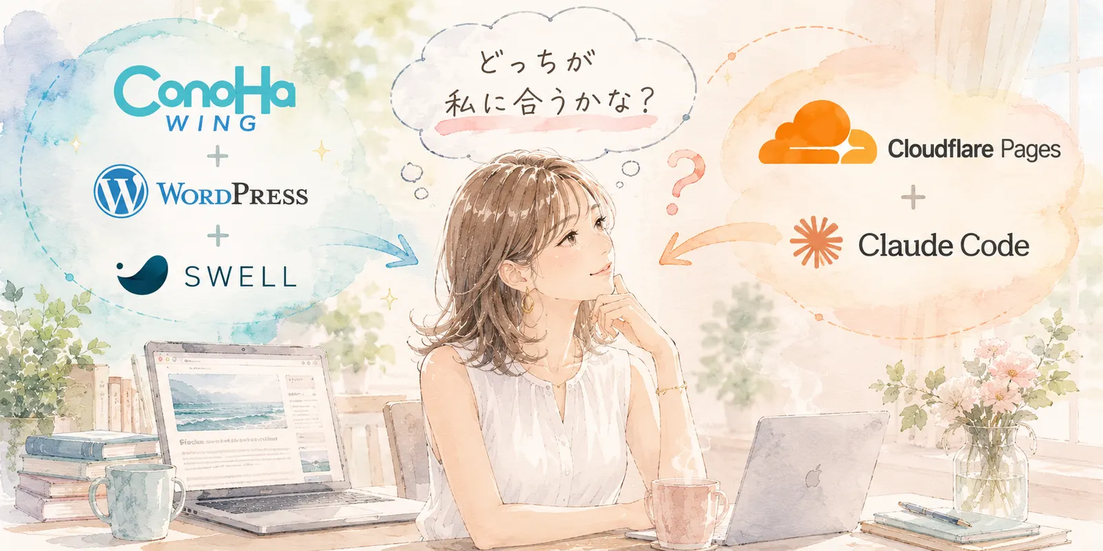 ConoHa WINGとWordPress、Cloudflare PagesとClaude Codeを比較する主婦のイラスト