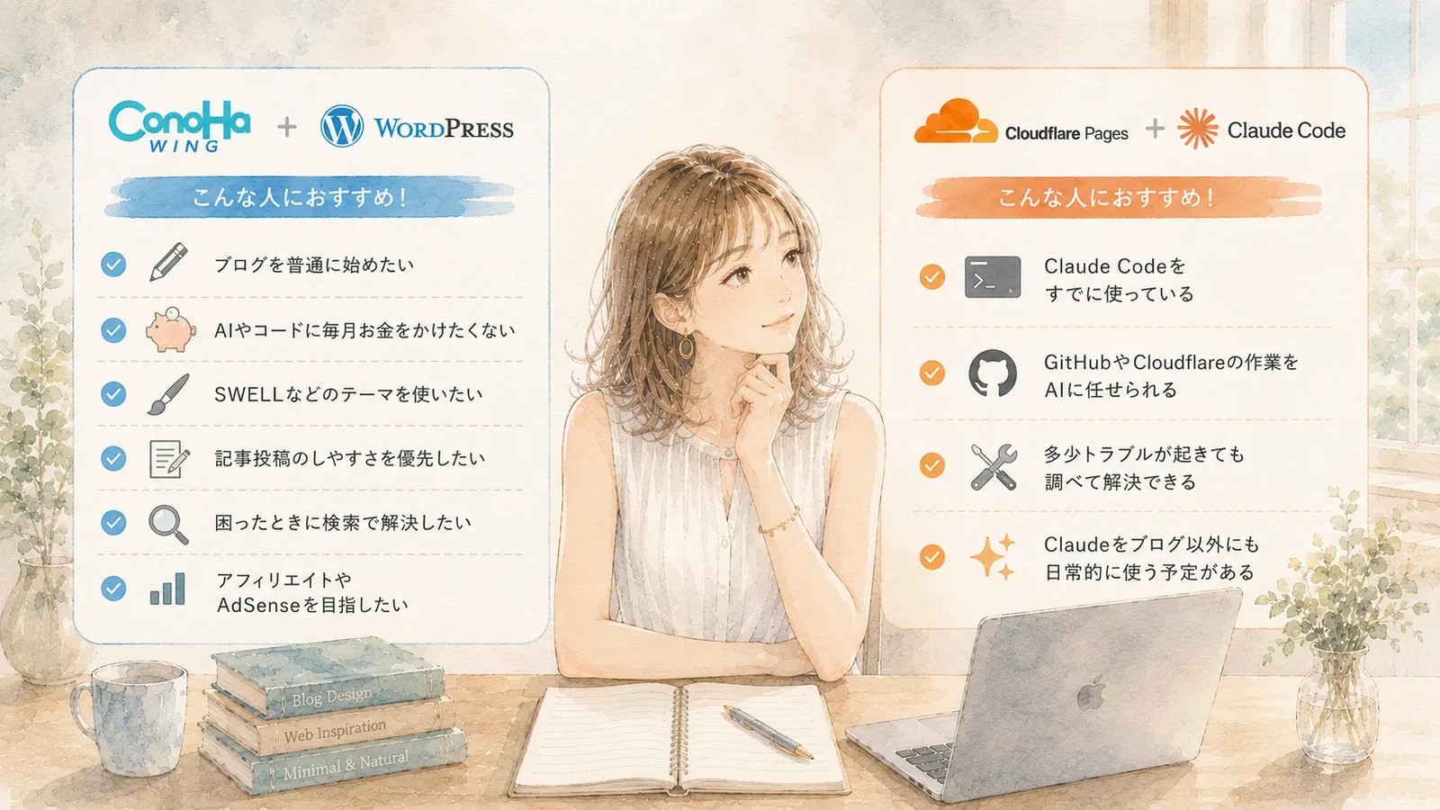 WordPressとCloudflare Pagesどちらが向いているか考える主婦のイラスト